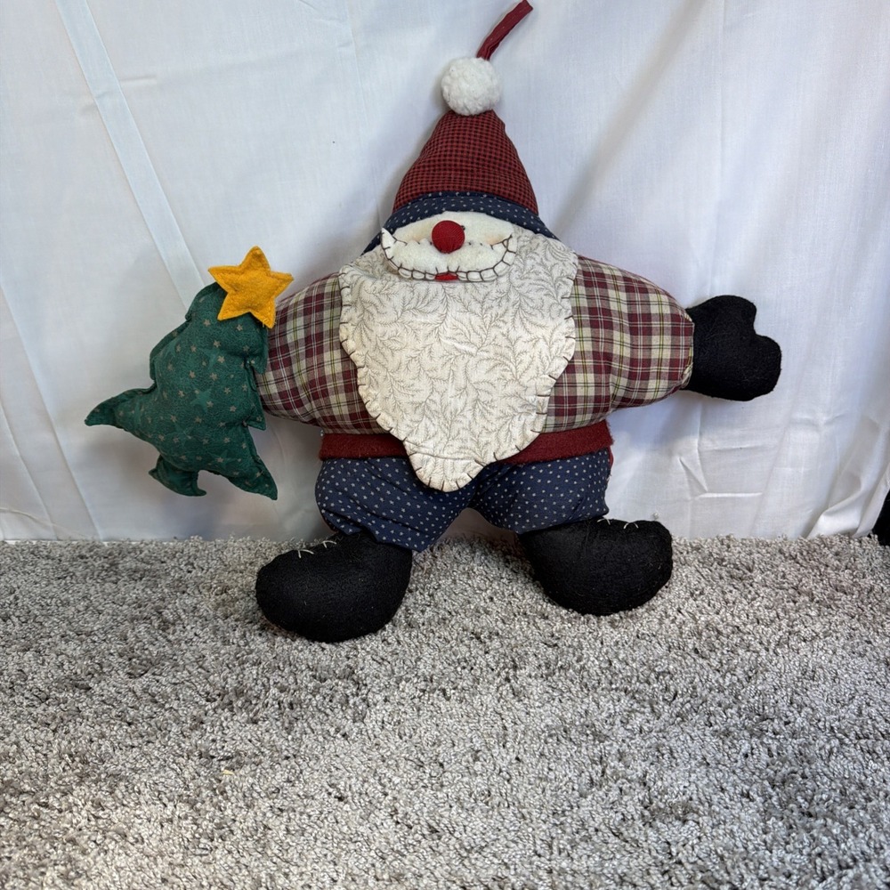Vtg Handmade Quilted Santa Pillow Embroidered Country Christmas Decor Folk Art